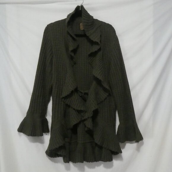 MXM - Cozy Sweater | 2XL | Ruffle Knit Olive Green Cardigan Sweater | Toggle - Picture 1 of 15